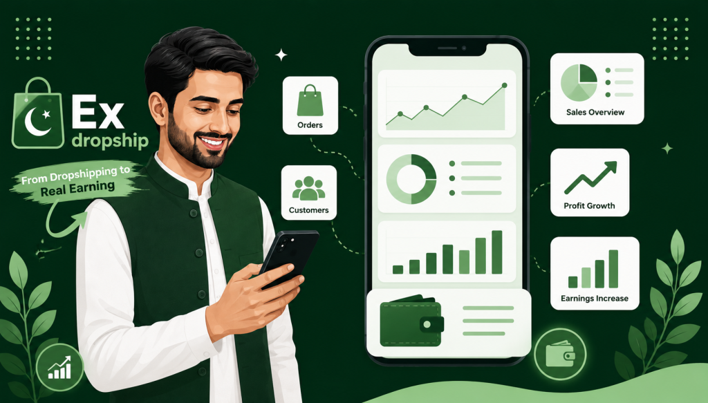 ExDropship reseller dashboard wallet analytics illustration