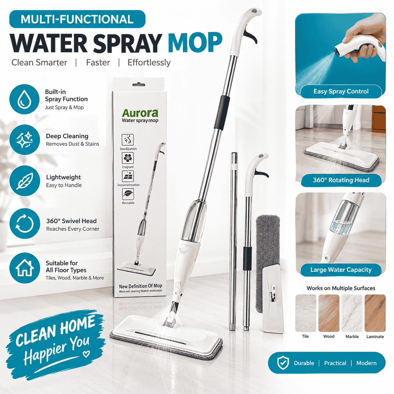 spray mop with water tank and microfiber pad 125cm handle